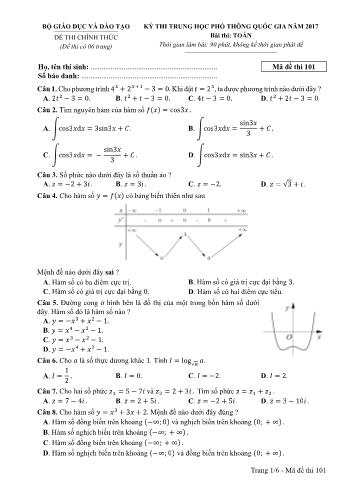 Kỳ thi Trung học phổ thông Quốc gia môn Toán - Năm học 2016-2017 - Mã đề 101