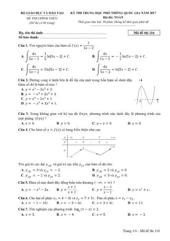 Kỳ thi Trung học phổ thông Quốc gia môn Toán - Năm học 2016-2017 - Mã đề 116