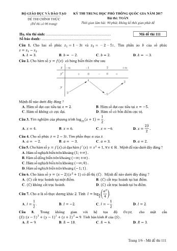 Kỳ thi Trung học phổ thông Quốc gia môn Toán - Năm học 2016-2017 - Mã đề 111