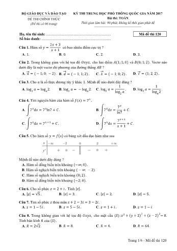 Kỳ thi Trung học phổ thông Quốc gia môn Toán - Năm học 2016-2017 - Mã đề 120