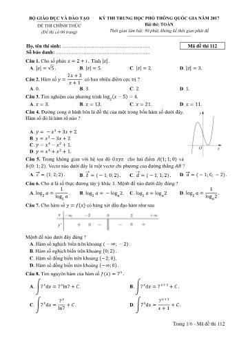 Kỳ thi Trung học phổ thông Quốc gia môn Toán - Năm học 2016-2017 - Mã đề 112