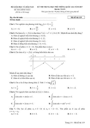 Kỳ thi Trung học phổ thông Quốc gia môn Toán - Năm học 2016-2017 - Mã đề 119