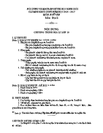 Nội dung và cấu trúc đề thi môn Địa lý – khối 10 Kỳ thi Olimpic DTNT cấp tỉnh - Năm học 2016-2017