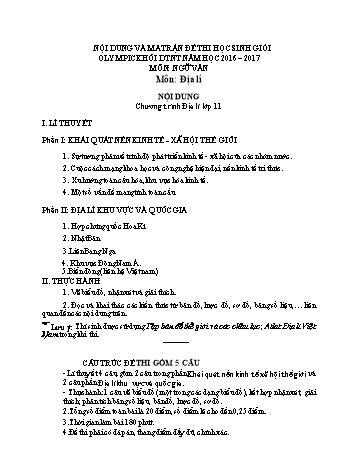 Nội dung và cấu trúc đề thi môn Địa lý – khối 11 Kỳ thi Olimpic DTNT cấp tỉnh - Năm học 2016-2017