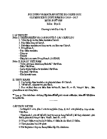 Nội dung và cấu trúc đề thi môn Địa lý – khối 8 Kỳ thi Olimpic DTNT cấp tỉnh - Năm học 2016-2017
