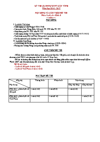 Nội dung và cấu trúc đề thi môn Lịch sử – khối 8 Kỳ thi Olimpic DTNT cấp tỉnh - Năm học 2016-2017