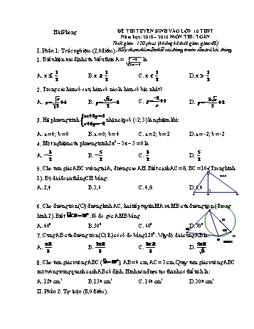 20 Đề thi tuyển sinh môn Toán vào Lớp 10 THPT - Năm học 2015-2016 (Có đáp án)