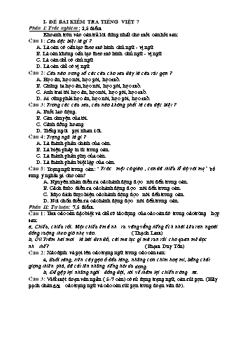Bài kiểm tra môn Ngữ Văn Lớp 7 (Có đáp án)