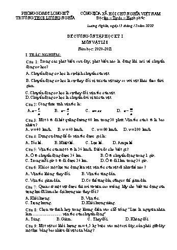 Đề cương ôn tập học kì I môn Vật lý Lớp 8 - Năm học 2020-2021 - Trường THCS Lương Nghĩa