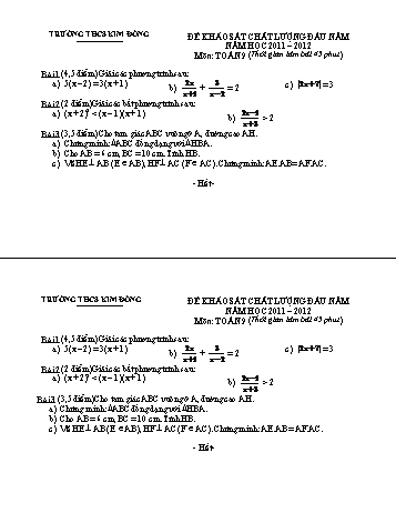 Đề khảo sát chất lượng đầu năm môn Toán Khối THCS - Năm học 2011-2012 - Trường THCS Kim Đồng (Có đáp án)