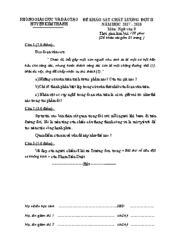 Đề khảo sát chất lượng đợt II môn Ngữ Văn Lớp 9 - Năm học 2017-2018 - Phòng GD&ĐT Kim Thành (Có đáp án)