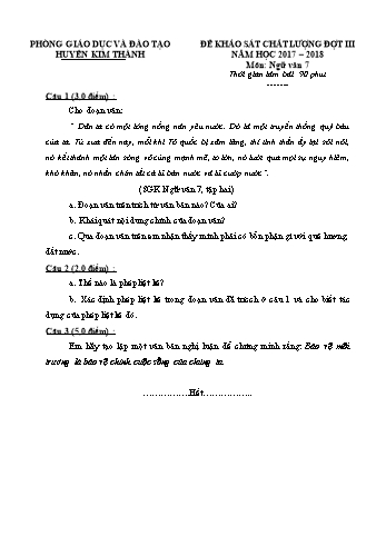 Đề khảo sát chất lượng đợt III môn Ngữ Văn Lớp 7 - Năm học 2017-2018 - Phòng GD&ĐT Kim Thành (Có đáp án)