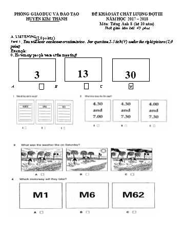 Đề khảo sát chất lượng đợt III môn Tiếng Anh Lớp 8 (Hệ 10 năm) - Năm học 2017-2018 - Phòng GD&ĐT Kim Thành (Có đáp án)