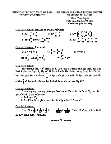 Đề khảo sát chất lượng đợt III môn Toán Lớp 6 - Năm học 2017-2018 - Phòng GD&ĐT Kim Thành (Có đáp án)