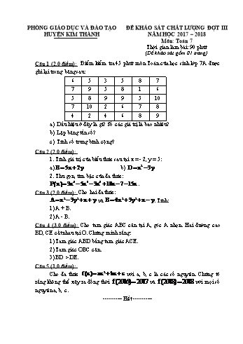Đề khảo sát chất lượng đợt III môn Toán Lớp 7 - Năm học 2017-2018 - Phòng GD&ĐT Kim Thành (Có đáp án)