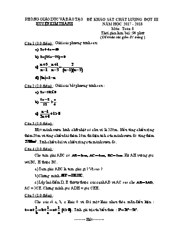 Đề khảo sát chất lượng đợt III môn Toán Lớp 8 - Năm học 2017-2018 - Phòng GD&ĐT Kim Thành (Có đáp án)