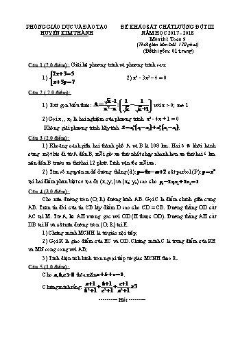 Đề khảo sát chất lượng đợt III môn Toán Lớp 9 - Năm học 2017-2018 - Phòng GD&ĐT Kim Thành (Có đáp án)