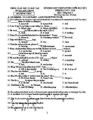 Đề khảo sát chất lượng giữa học kì I môn Tiếng Anh Lớp 9 - Năm học 2017-2018 - Phòng GD&ĐT Kim Thành (Có đáp án)