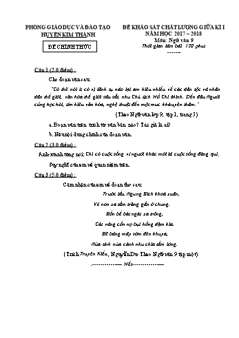 Đề khảo sát chất lượng giữa kì I môn Ngữ Văn Lớp 9 - Năm học 2017-2018 - Phòng GD&ĐT Kim Thành (Có đáp án)