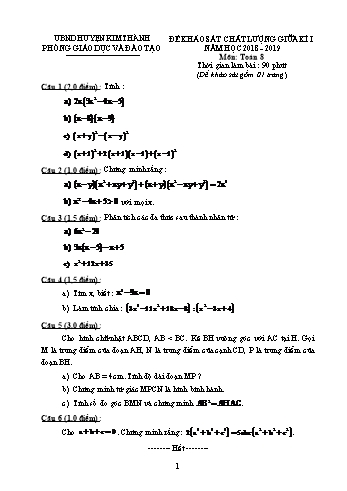 Đề khảo sát chất lượng giữa kì I môn Toán Lớp 8 - Năm học 2018-2019 - Phòng GD&ĐT Kim Thành (Có đáp án)