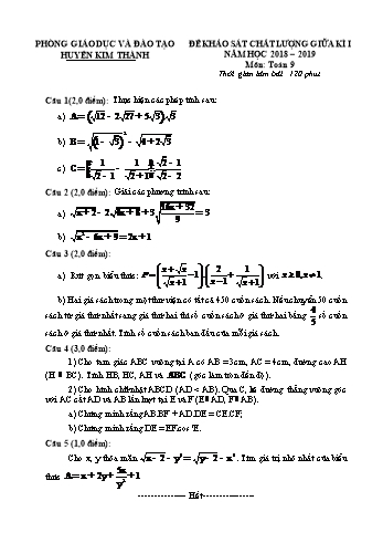 Đề khảo sát chất lượng giữa kì I môn Toán Lớp 9 - Năm học 2018-2019 - Phòng GD&ĐT Kim Thành (Có đáp án)