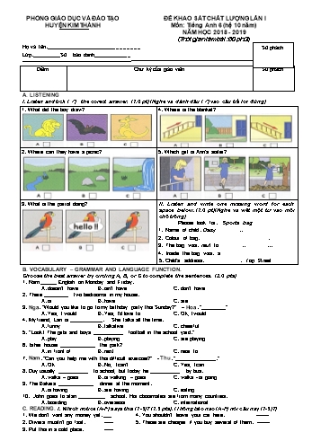 Đề khảo sát chất lượng lần 1 môn Tiếng Anh Lớp 6 (Hệ 10 năm) - Năm học 2018-2019 - Phòng GD&ĐT Kim Thành (Có đáp án)