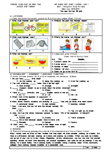 Đề khảo sát chất lượng lần 1 môn Tiếng Anh Lớp 8 (Hệ 10 năm) - Năm học 2018-2019 - Phòng GD&ĐT Kim Thành (Có đáp án)