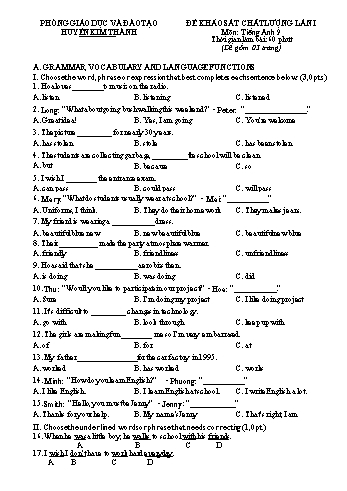 Đề khảo sát chất lượng lần 1 môn Tiếng Anh Lớp 9 - Phòng GD&ĐT Kim Thành (Có đáp án)