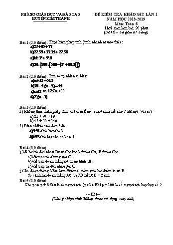 Đề khảo sát chất lượng lần 1 môn Toán Lớp 6 - Năm học 2018-2019 - Phòng GD&ĐT Kim Thành (Có đáp án)