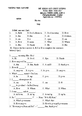 Đề khảo sát chất lượng môn Tiếng Anh Khối THCS - Năm học 2016-2017 - Trường THCS Dân Chủ (Có đáp án)