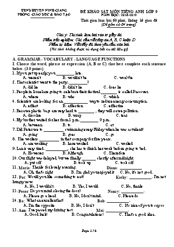Đề khảo sát môn Tiếng Anh Lớp 9 - Năm học 2018-2019 - Phòng GD&ĐT Ninh Giang (Có đáp án)
