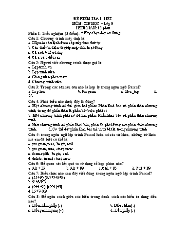 Đề kiểm tra 1 tiết môn Tin học Lớp 8 - Trường THCS Kim Khê