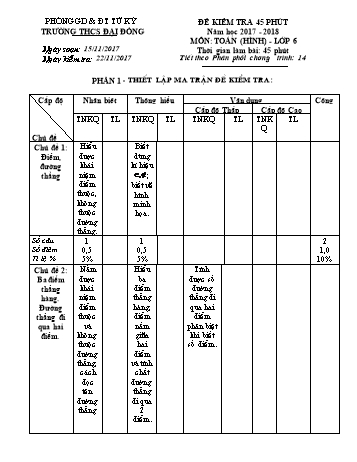 Đề kiểm tra 45 phút môn Hình học Lớp 6 - Đề 1+2 - Năm học 2017-2018 - Trường THCS Đại Đồng (Có đáp án)