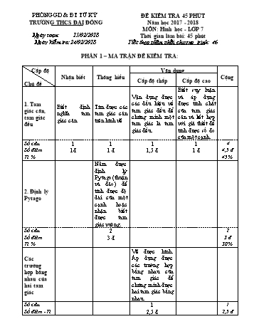 Đề kiểm tra 45 phút môn Hình học Lớp 7 - Năm học 2017-2018 - Trường THCS Đại Đồng (Có đáp án)