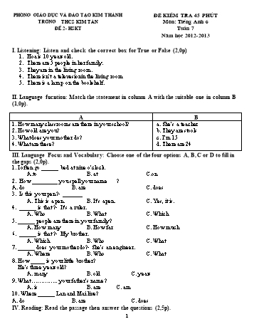 Đề kiểm tra 45 phút môn Tiếng Anh Khối 6 - Tuần 7 (Đề 2) - Năm học 2012-2013 - Trường THCS Kim Tân