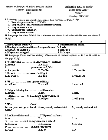 Đề kiểm tra 45 phút môn Tiếng Anh Lớp 7 - Tuần 7 (Đề 2) - Năm học 2012-2013 - Trường THCS Kim Tân