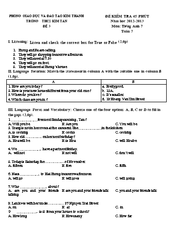 Đề kiểm tra 45 phút môn Tiếng Anh Lớp 7 - Tuần 7 (Đề 3) - Năm học 2012-2013 - Trường THCS Kim Tân
