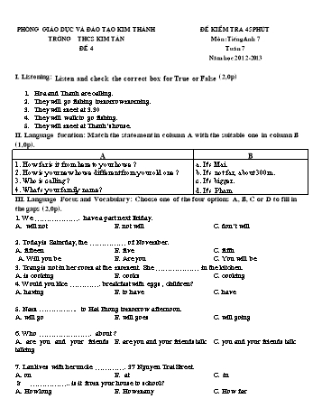 Đề kiểm tra 45 phút môn Tiếng Anh Lớp 7 - Tuần 7 (Đề 4) - Năm học 2012-2013 - Trường THCS Kim Tân