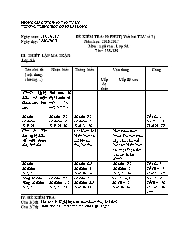 Đề kiểm tra 90 phút môn Ngữ Văn Lớp 9 - Tiết 138+139: Viết bài Tập làm văn số 7 - Năm học 2016-2017 - Phạm Thị Thu Huyền (Có đáp án)