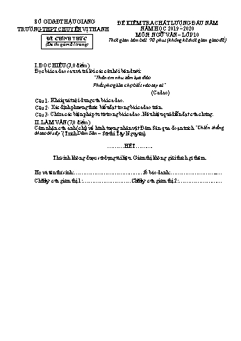 Đề kiểm tra chất lượng đầu năm môn Ngữ Văn Lớp 10 - Năm học 2019-2020 - Trường THPT Chuyên Vị Thanh (Có đáp án)