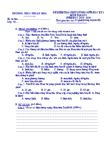 Đề kiểm tra chất lượng giữa học kì I môn Địa lí Lớp 6 - Năm học 2019-2020 - Trường THCS Thuận Hòa (Có đáp án)