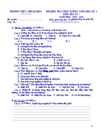 Đề kiểm tra chất lượng giữa học kì I môn Địa lí Lớp 7 - Năm học 2019-2020 - Trường THCS Thuận Hòa (Có đáp án)