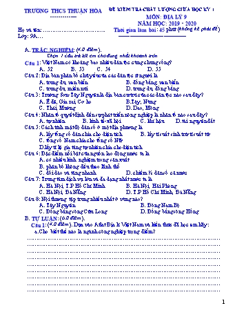 Đề kiểm tra chất lượng giữa học kì I môn Địa lí Lớp 9 - Năm học 2019-2020 - Trường THCS Thuận Hòa (Có đáp án)