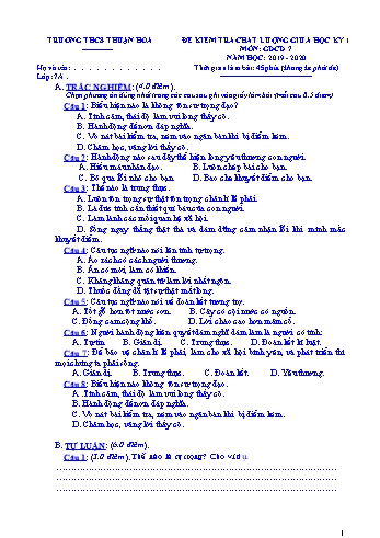 Đề kiểm tra chất lượng giữa học kì I môn GDCD Lớp 7 - Năm học 2019-2020 - Trường THCS Thuận Hòa (Có đáp án)