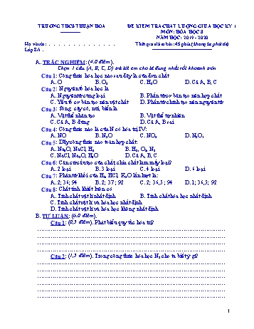 Đề kiểm tra chất lượng giữa học kì I môn Hóa học Lớp 8 - Năm học 2019-2020 - Trường THCS Thuận Hòa (Có đáp án)