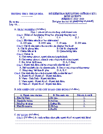 Đề kiểm tra chất lượng giữa học kì I môn Lịch sử Lớp 6 - Năm học 2019-2020 - Trường THCS Thuận Hòa (Có đáp án)