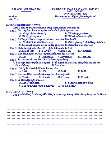 Đề kiểm tra chất lượng giữa học kì I môn Lịch sử Lớp 7 - Năm học 2019-2020 - Trường THCS Thuận Hòa