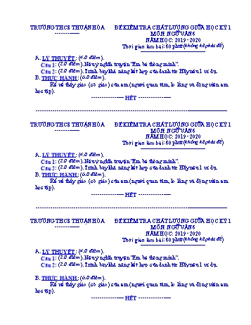 Đề kiểm tra chất lượng giữa học kì I môn Ngữ Văn Lớp 6 - Năm học 2019-2020 - Trường THCS Thuận Hòa (Có đáp án)