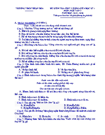 Đề kiểm tra chất lượng giữa học kì I môn Ngữ Văn Lớp 7 - Năm học 2019-2020 - Trường THCS Thuận Hòa (Có đáp án)