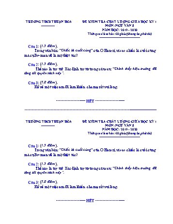 Đề kiểm tra chất lượng giữa học kì I môn Ngữ Văn Lớp 8 - Năm học 2019-2020 - Trường THCS Thuận Hòa (Có đáp án)